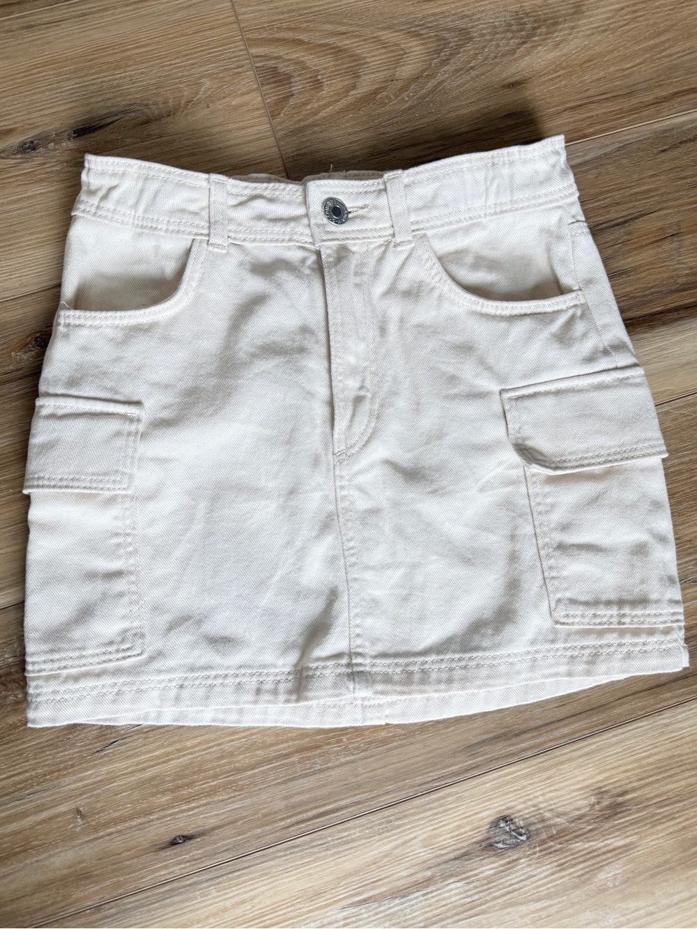 H&M Kids Girls Off-White Cargo Denim Jean Skirt Zip Fly Adjustable Waist Size 8